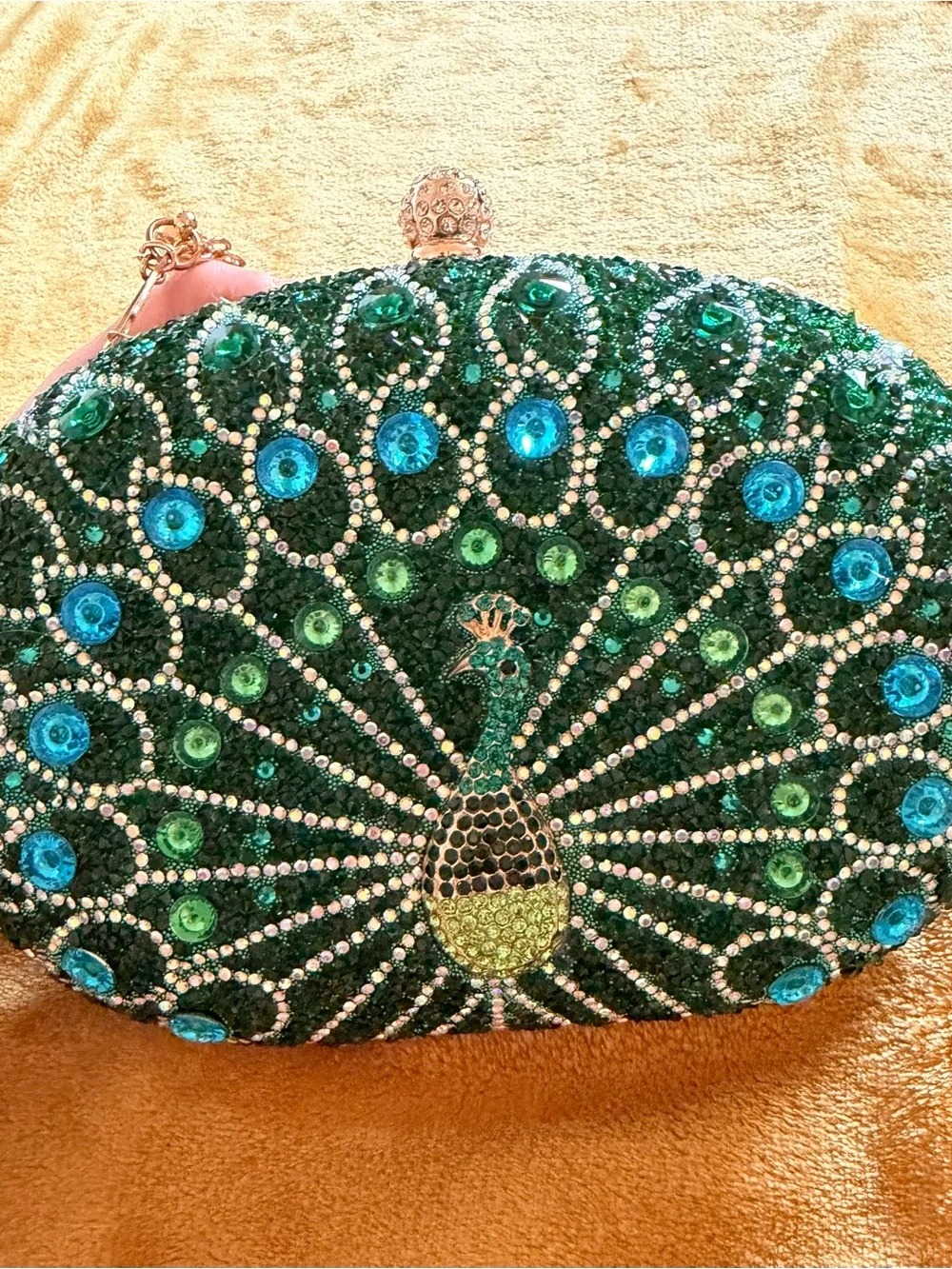 Green Peacock Crystal Evening Clutch with Gold Tone Chain